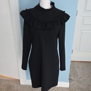 H&M Black Long Sleeve Dress with Ruffle Detail Midi Size 14 Run Small Like 10-12
